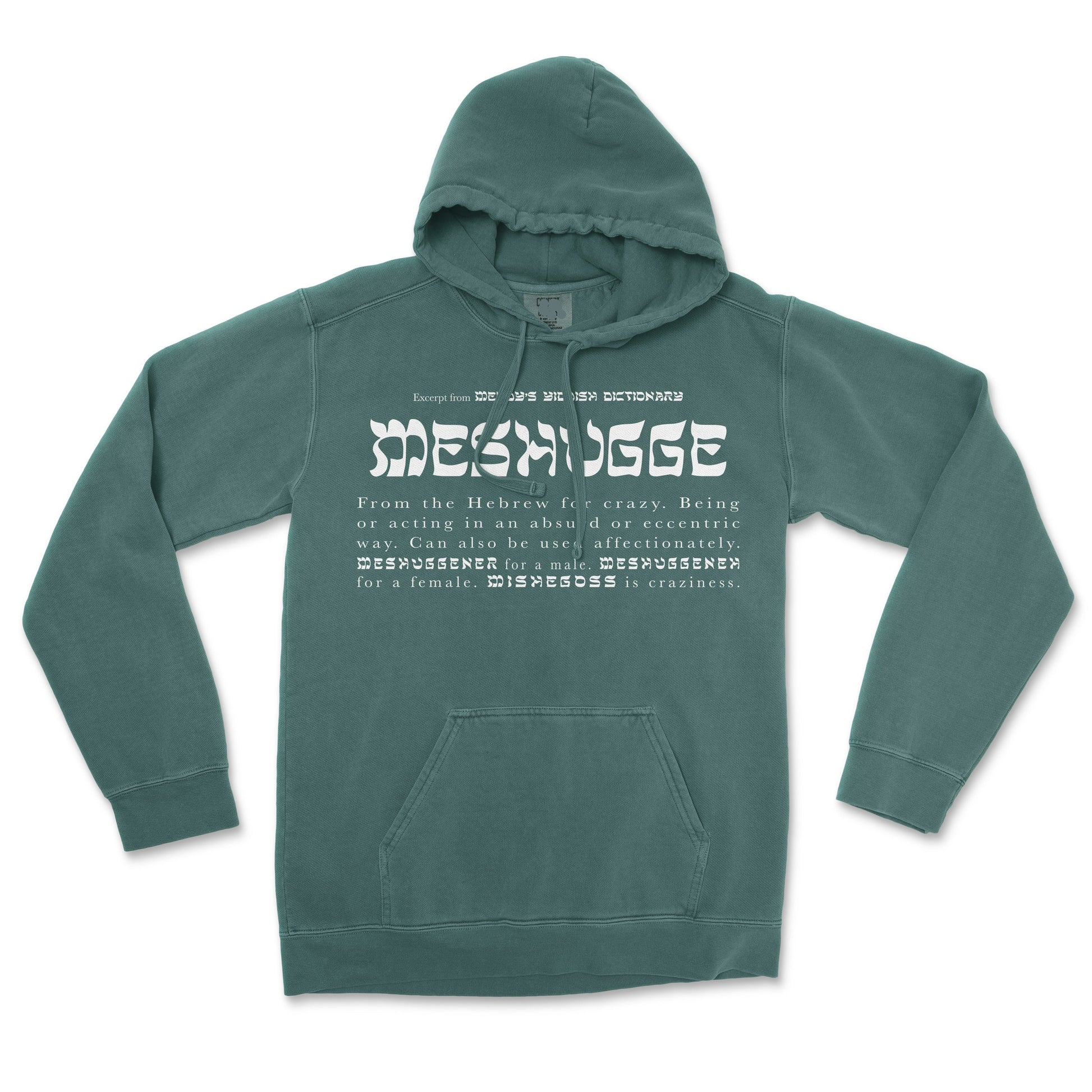 Green hoodie with text design on a white background