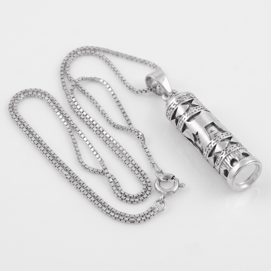 'Mezuzah' Necklace Laying Flat- Judaica - Meshugge