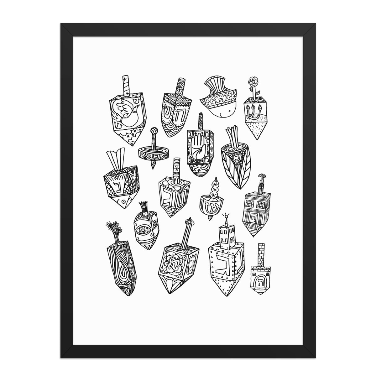 A black-and-white Dreidel poster made by the brand Meshugge 