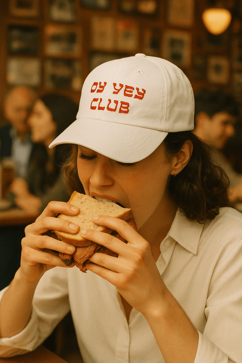 Female_Model_wearing_Oy_Vey_Club_Hat_White_with_Red_embroidery