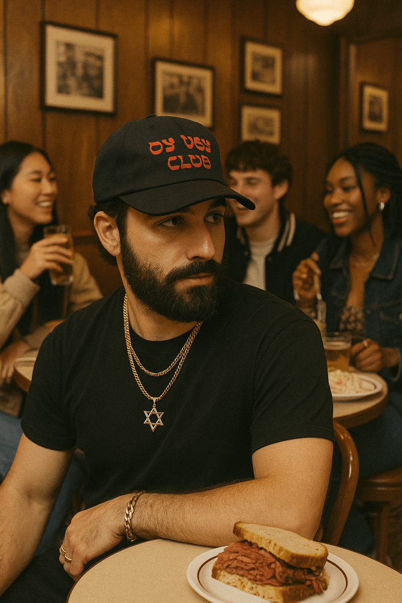 Male_Model_wearing_Oy_Vey_Club_Hat_Black_with_Red_embroidery