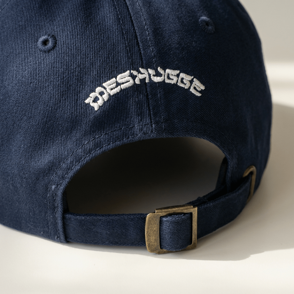Picture of the back of the switzing hat where the logo for Meshugge is embroidered 