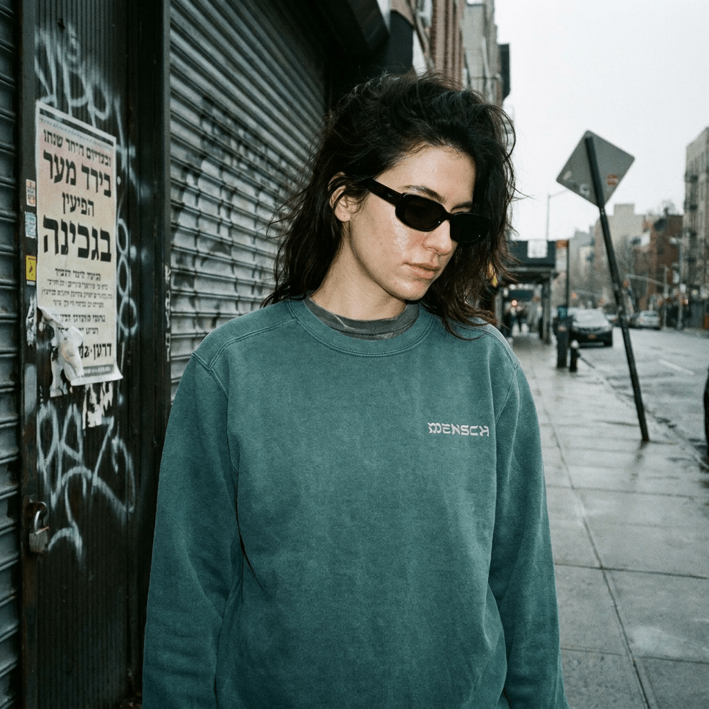 Woman wearing Mensch Sweatshirt Green in streets of New York