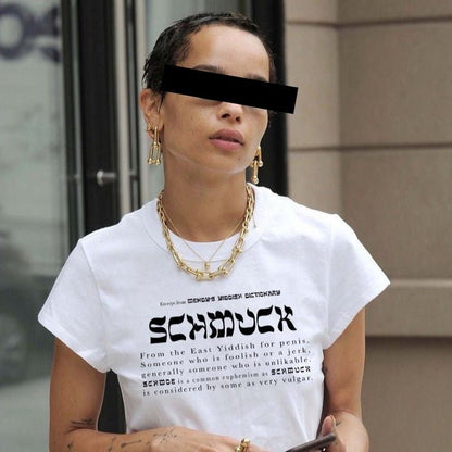 Woman wearing the white Schmuck definition T-shirt 
