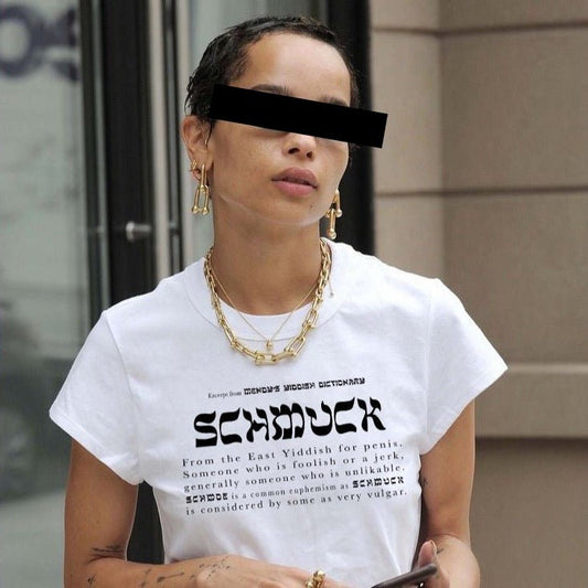 Woman wearing the white Schmuck definition T-shirt 