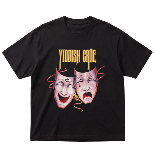 A black short-sleeve t-shirt with a graphic print featuring the words 'YIDDISH CRUE' in gold above two theatrical comedy and tragedy masks.