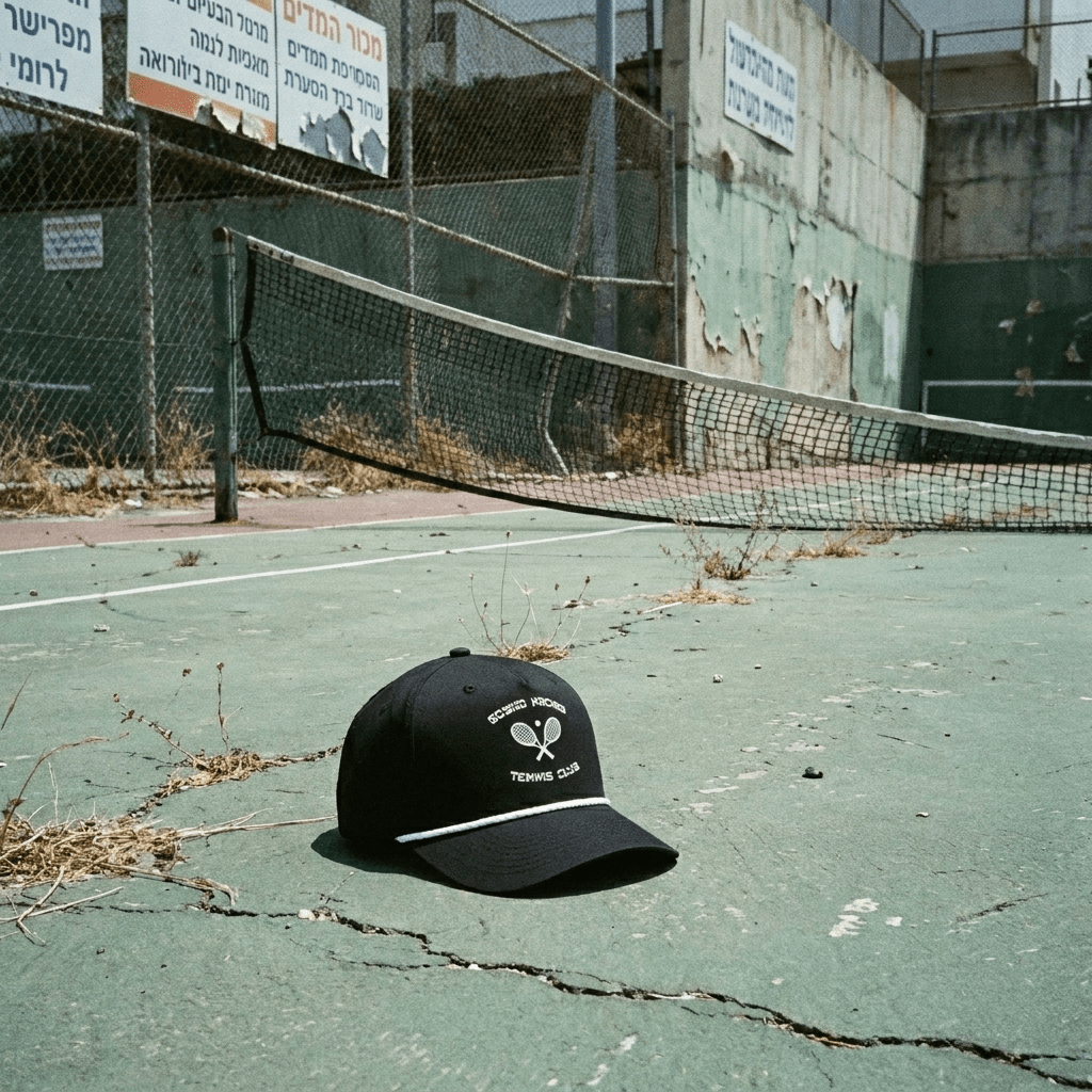 'Goyim Naches' Tennis Club Cap Black laying on tennis court