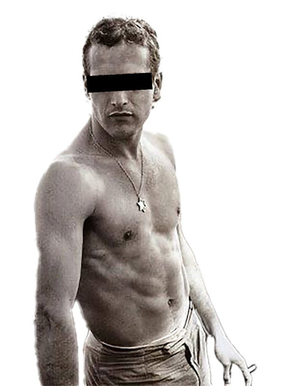 A black and white photo of a shirtless man wearing a necklace, with his eyes obscured by a black bar, against a white background.
