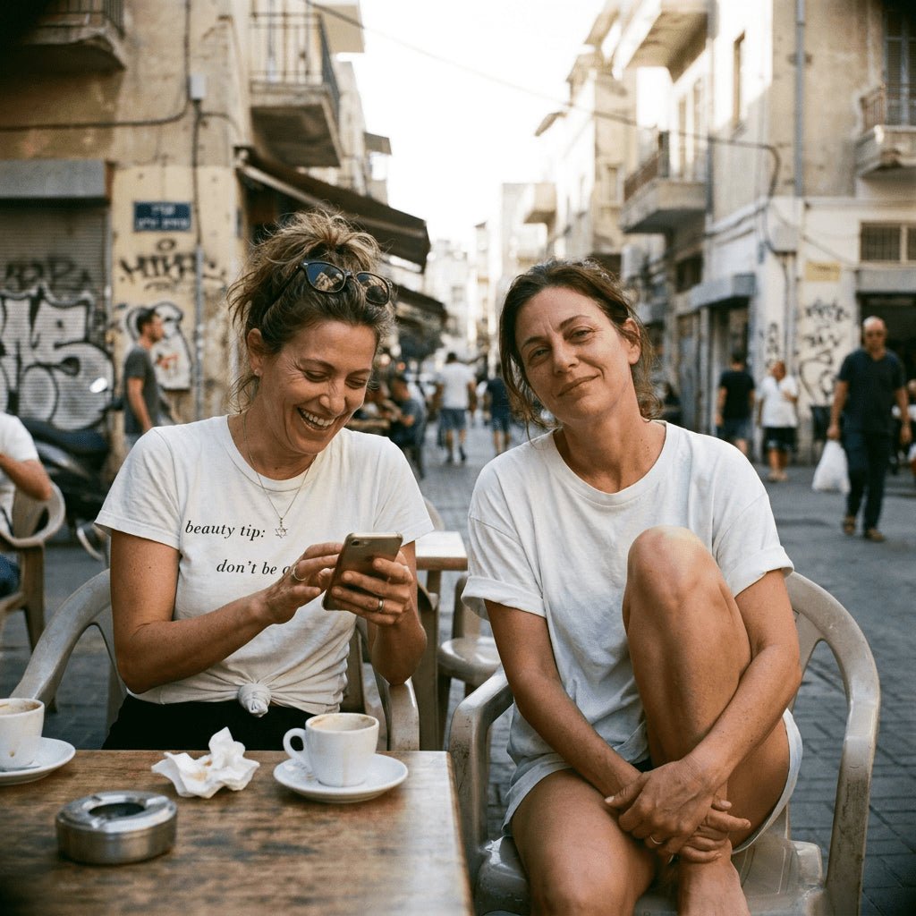 two women sitting at a cafe in Tel Aviv, one of them wearing a "beauty tip: Don't be anti-Semitic" T-shirt